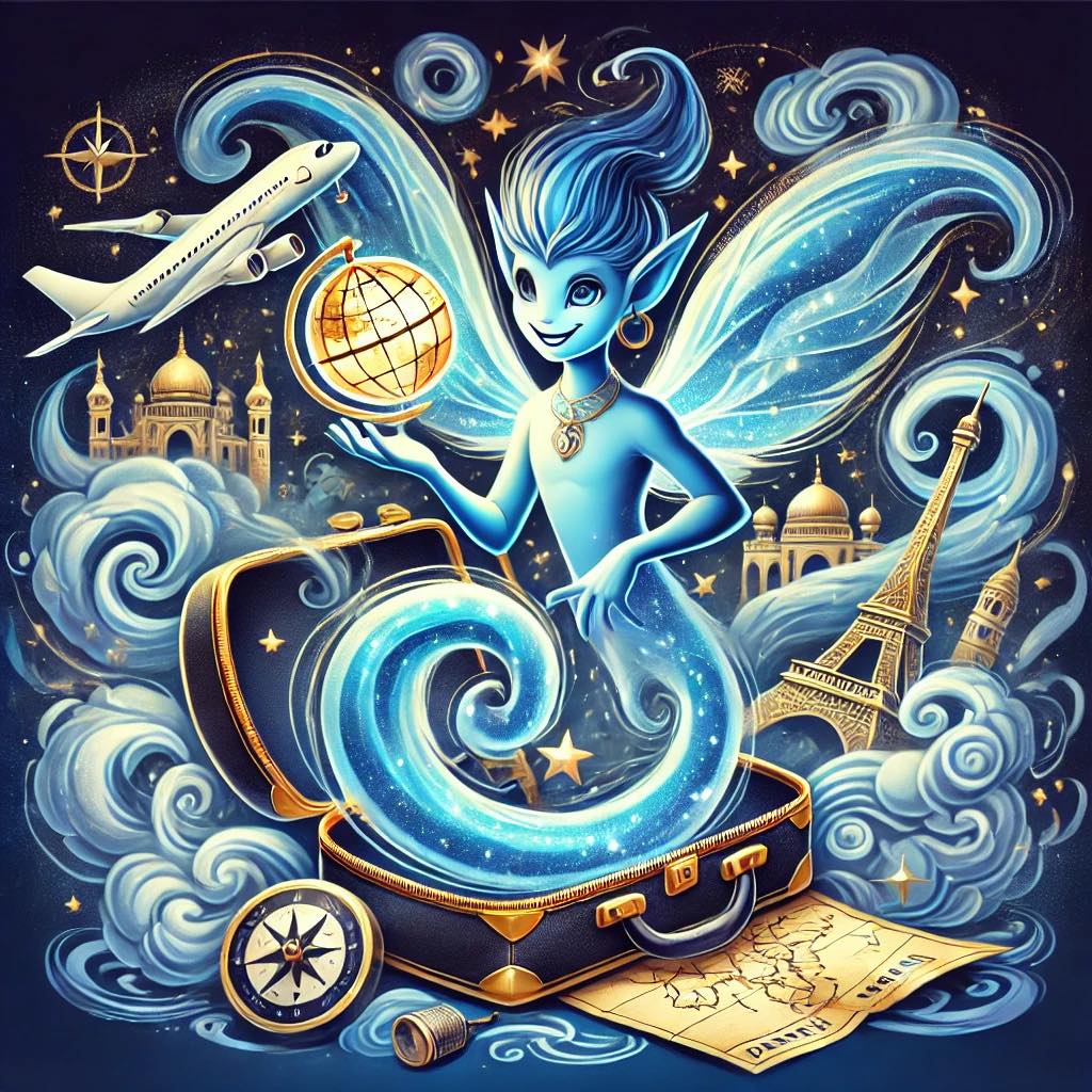 A blue genie coming out of an open suitcase holding a globe. Iconic world attractions are in the background, such as the Eiffel tower. 